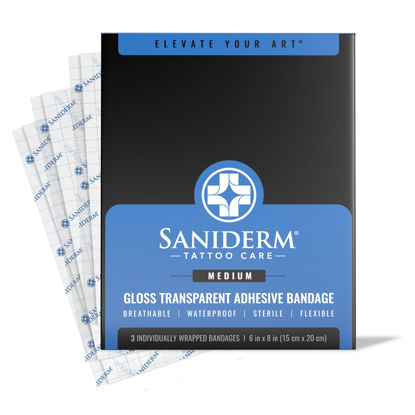 Picture of Saniderm Tattoo Aftercare Bandage 3 Sheets (Medium Pack, 6 in x 8 in) - Convenient, Faster Tattoo Healing and Protection - Sterile, Waterproof, and Latex-Free