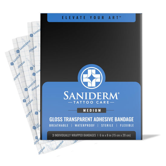 Picture of Saniderm Tattoo Aftercare Bandage 3 Sheets (Medium Pack, 6 in x 8 in) - Convenient, Faster Tattoo Healing and Protection - Sterile, Waterproof, and Latex-Free