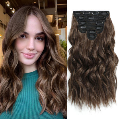 Picture of Fliace Clip in Hair Extensions, Natural & Soft Hair & Blends Well Light Brown Hair Extensions, Long Wavy Hairpieces(16inch, 6pcs, Chocolate Brown)