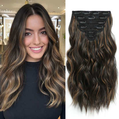 Picture of Fliace Highlight balayage dark brown Hairpieces, Natural & Blends Well Clip in Hair Extensions (16inch, 6pcs, Dark roasted coffee & Caraamel brown)