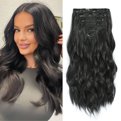 Picture of Fliace Clip in Black Hair Extensions for Women, Thick Double Weft Wavy Soft Hair & Blends Well Long Hairpieces(20inch, 6pcs, Natural Black)