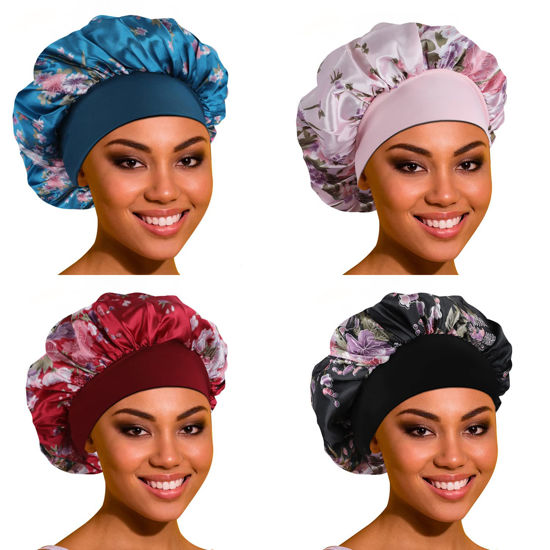 Picture of ROYBENS Satin Bonnet Hair Bonnet for Sleeping- 4 Pack Large Bonnets for Black Women with Elastic Soft Band for Hair Care