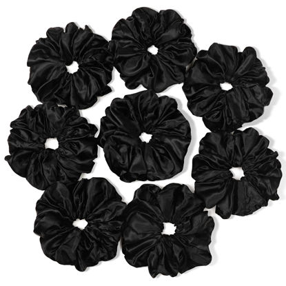 Picture of Black Scrunchies Hair Ties for Women - Big Satin Scrunchie Exra Large Jumbo Gaint Oversized Cute Scrunchy for Curl Thick Hair Ligas Para el Cabello De Mujer Decorations Hair Accessories