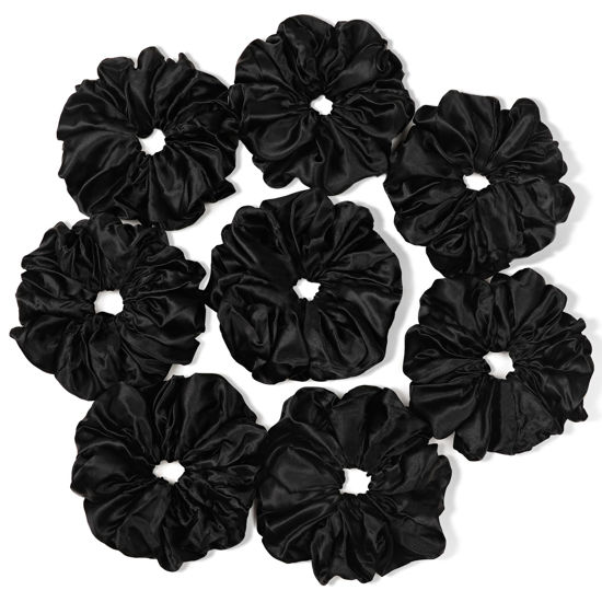 Picture of Black Scrunchies Hair Ties for Women - Big Satin Scrunchie Exra Large Jumbo Gaint Oversized Cute Scrunchy for Curl Thick Hair Ligas Para el Cabello De Mujer Decorations Hair Accessories