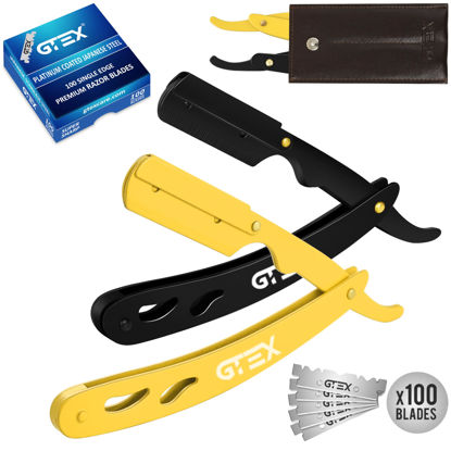 Picture of 2 Straight Razor For Men (Yellow Black), 100 GTEX Premium Blades (Japanese Steel) - 2Pack Straight Edge Razor 100 Platinum Razor Blade - Navajas Para Barbero - Barber Razor For Men, Beard Razor