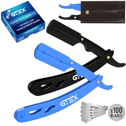 Picture of 2 Straight Razor For Men (Blue Black), 100 GTEX Premium Blades (Japanese Steel) - 2Pack Straight Edge Razor 100 Platinum Razor Blade - Navajas Para Barbero - Barber Razor For Men, Beard Razor
