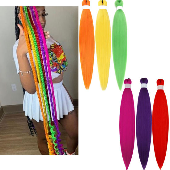Picture of Leticia Colored Braiding Hair Pre stretched Red Orange Purple Green Magenta Pink Yellow Braiding Hair for Box Braids