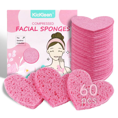 Picture of 60-Count Kickleen Compressed Cellulose Heart Shape Facial Sponges | 100% Natural Cosmetic Spa Sponges for Facial Cleansing | Exfoliating | Makeup and Mask Removal | Reusable |Skin Massage (Pink)