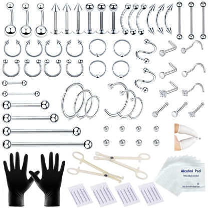 Picture of A-minusone 98 PCS Piercing Kit for All Body Piercings Stainless Steel Piercing Jewelry with 12G 14G 16G 20G Piercing Needles for Nose Cartilage Tragus Septum Lip Belly Button Eyebrow