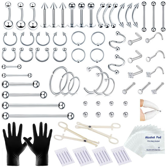 Picture of A-minusone 98 PCS Piercing Kit for All Body Piercings Stainless Steel Piercing Jewelry with 12G 14G 16G 20G Piercing Needles for Nose Cartilage Tragus Septum Lip Belly Button Eyebrow