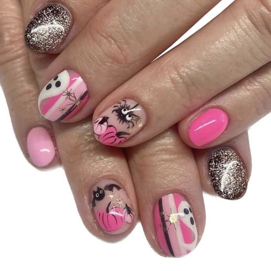 Picture of NEWSPIED Halloween Press on Nails Short Square Cute Halloween Fake Nails with Glitter Ghost Spider Designs Full Cover Glue on Nails Pink Pumpkins False Nails Halloween Acrylic Nails for Women 24 Pcs