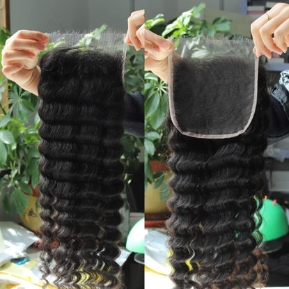 Picture of BEEOS Skinlike 5x5 HD Lace Closure Only, Deep Wave 0.10mm Ultra-thin Undetectable Clear HD Lace Pre Plucked Natural Hairline Brazilian Human Hair 20 Inch