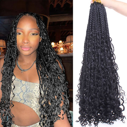 Picture of Beverlee 24 Inch Boho Box Braids 8 Packs Goddess Box Braids Crochet Hair Bohemian Hippie Braids Braiding Hair Box Braids with Curly Ends Messy Pre-looped Synthetic Crochet Hair for Black Women 1B#