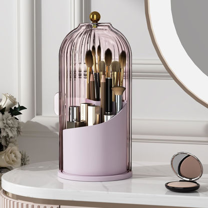 Picture of YOOLENS Makeup Brush Holder with Lid 360 Rotating Clear Dustproof Make Up Organizers for Vanity Bathroom Countertop, Pink