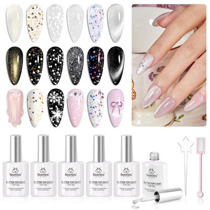 Picture of Beetles Glitter Gel Top Coat 8Pcs Holographic Glitter Gel Nail Polish Top Coat Cat Eye No Wipe Top Coat Glossy Sparkly Finish Long Lasting Soak Off U V LED Salon DIY Home Gift for Women Girls