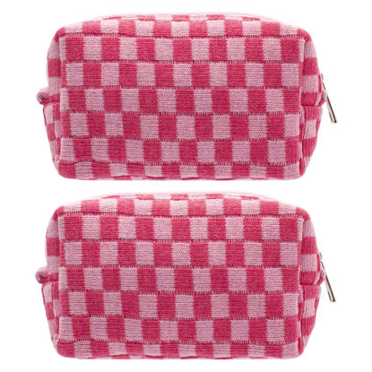 Picture of PAZIMIIK Checkered Makeup Bag for Purse Portable Zipper Make Up Pouch Small Cosmetic Case for Travel Accessories (2PCS Hotpink)