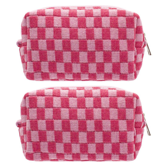 Picture of PAZIMIIK Checkered Makeup Bag for Purse Portable Zipper Make Up Pouch Small Cosmetic Case for Travel Accessories (2PCS Hotpink)