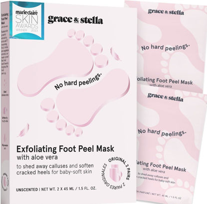 Picture of grace & stella Award-Winning Foot Peel Mask (2 Pairs, Unscented) - Foot Peeling Mask with Aloe Vera - Moisturizing Foot Mask for Dry Cracked Feet - Foot Exfoliator for Baby Soft Feet