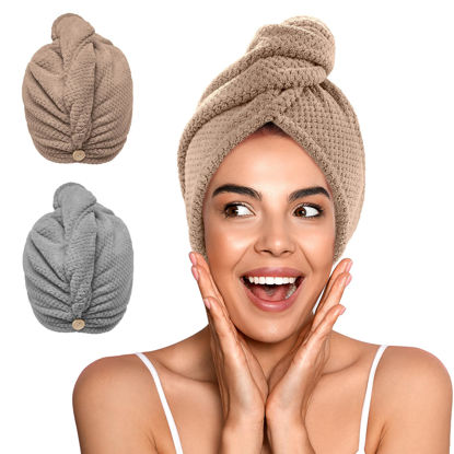 Picture of YFONG 2 Pack Microfiber Hair Towel Wrap for Women, Super Absorbent Quick Dry Hair Turban for All Hair Style Anti Frizz, Large Hair Drying Towel with Button