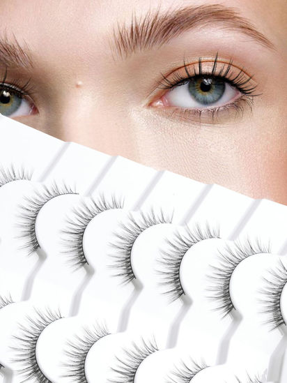 Picture of Anime Lashes Wispy False Eyelashes Natural Look 12MM Strip Lashes Thin Band False Lashes 3D Volume Fake Eyelashes 7 Pair C Curl Lash Pack Siligli