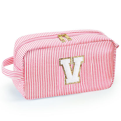 Picture of YOOLIFE Small Pink Cosmetic Travel Bag Makeup Pouch - Personalized Initial Waterproof Makeup Bag Case Small Toiletry Makeup Pouch Gifts Women Her Birthday Friends Female Friendship Mom Teacher V