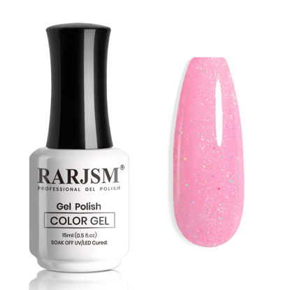 Picture of RARJSM Nude Hot Pink Iridescent Gel Nail Polish Sheer Bright Neon Pink Glitter Jelly Gel Polish Neutral Shimmery Summer Color Sparkle Rainbow Pigment Gel 15ml Soak off Cured Need for Home Salon DIY