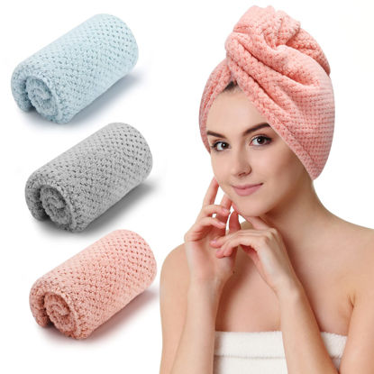 Picture of CZZXI 3 PCS Microfiber Hair Towel, Hair Wraps for Women Wet Hair, Fast Drying Hair Turban, Anti Frizz Head Towels Wrap for Curly Hair (Grey, Pink, Blue)
