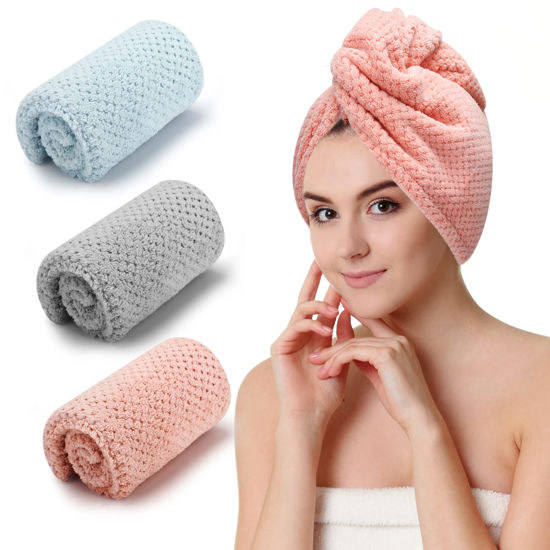 Picture of CZZXI 3 PCS Microfiber Hair Towel, Hair Wraps for Women Wet Hair, Fast Drying Hair Turban, Anti Frizz Head Towels Wrap for Curly Hair (Grey, Pink, Blue)