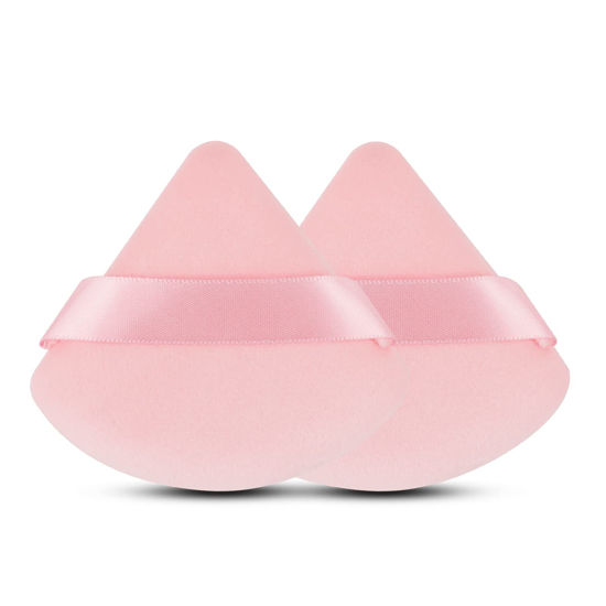 Picture of 2 Pcs EVAOUXIU Triangle Powder Puff for Face Powder, Soft Plush Setting Powder Puff, Velour Cosmetic Foundation Blender Sponge Beauty Makeup Tools (Pink)