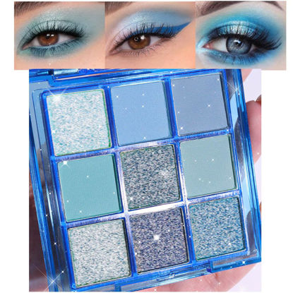 Picture of evpct 9 Colors Dark Light Royal Cobalt Blue Pearl White Glitter Shimmer Eye Shadow Makeup Palette Highly Pigmented Waterproof Blue Matte Metallic Shimmery Daily Party Sparkling Eyeshadow Palett