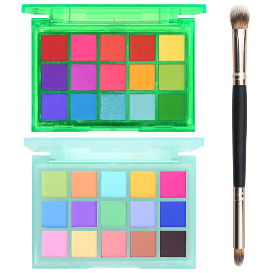 Picture of UCANBE Colorful Eyeshadow Palette Makeup Set, 2pcs 15 Shades Matte Shimmer Vibrant Neon Rainbow Pastel Eye Shadow Pallet with Soft Double Ended Brush, Summer Vibe Pigmented Blendable Eye Make Up Kit