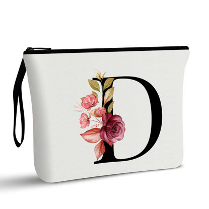 Picture of Vavabox A-Z Personalized Makeup Bag,Birthday Gifts for Women Mom,Gifts for Best Friend,Bride Bridesmaid Cosmetic bag (D, White)