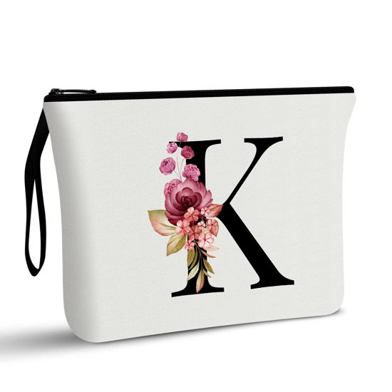 Picture of Vavabox A-Z Personalized Makeup Bag,Birthday Gifts for Women Mom,Gifts for Best Friend,Bride Bridesmaid Cosmetic bag (K, White)