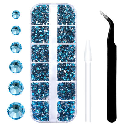 Picture of 3792 Pcs Malachite Blue Flatback Rhinestones Set for Nail, Art, Crafts, Makeup, Tumblers Glitter Round with Tweezers and Picking Pen(SS6~SS20)