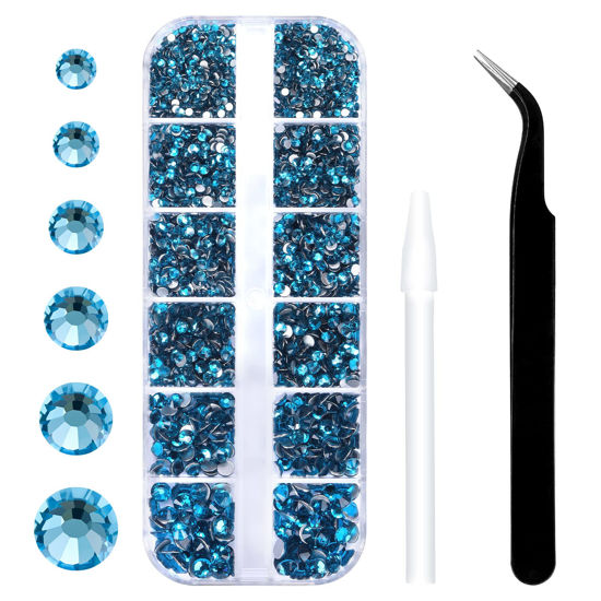 Picture of 3792 Pcs Malachite Blue Flatback Rhinestones Set for Nail, Art, Crafts, Makeup, Tumblers Glitter Round with Tweezers and Picking Pen(SS6~SS20)