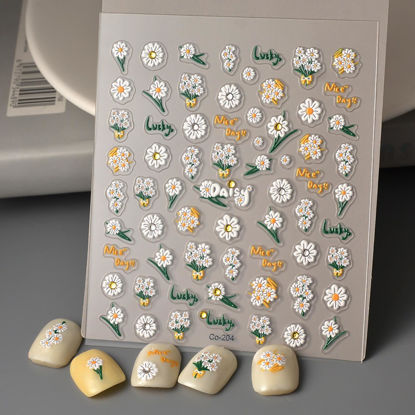 Picture of Flower Nail Stickers for Nail Art Daisy Nail Stickers Summer 5D Embossed Nail Decals Self-Adhesive Nail Art Supplies Manicure Sliders Flower Stickers for Acrylic Nails Manicure