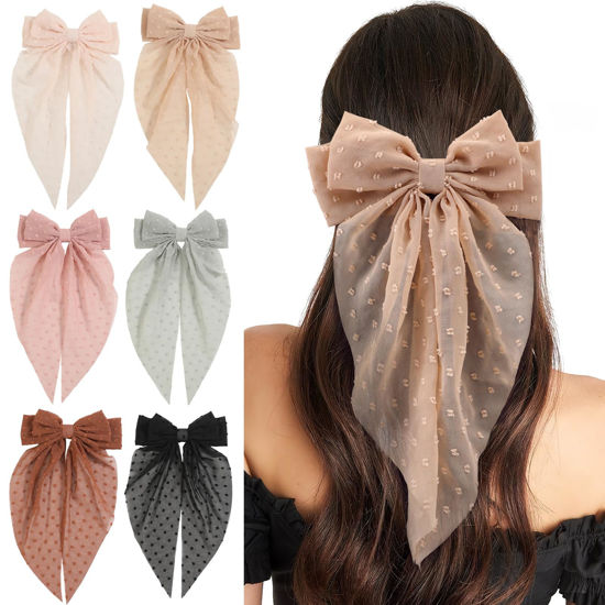 Picture of 6 PCS Hair Bows for Women, Big Bow Hair Clips for Girls, Silky Satin Hair Bow Clips Oversized, Large Cute Aesthetic Hair Accessories Valentine's Day Gifts Holiday
