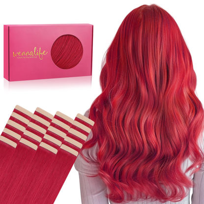 Picture of WENNALIFE Tape in Hair Extensions Human Hair, 20pcs 50g 14 inch Red Remy Hair Extensions Straight Human Hair Tape in Extensions Skin Weft Tape Extensions Human Hair