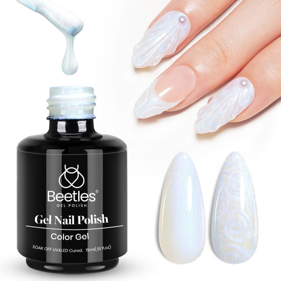 Picture of Beetles Pearl Gel Nail Polish, 1 Pcs 15ml Pearl White Glitter Blue Gel Polish Soak Off Shimmer Nail Art Crystal Snowflakes Manicure Salon Diy Home Uv Gel Nail Art Designm