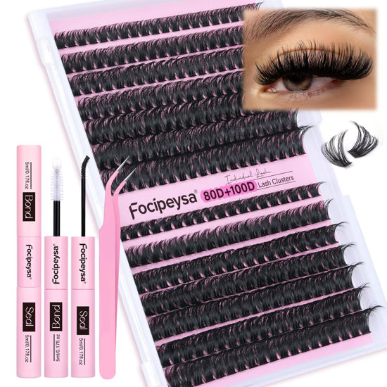 Picture of Focipeysa DIY Eyelash Extension Kit Lash Extension Kit D Curl Lash Clusters Kit Individual Eyelashes with Lash Bond and Lash Seal, Tweezers, DIY Lashes at Home (280Pcs 80D+100D 8-16mm)