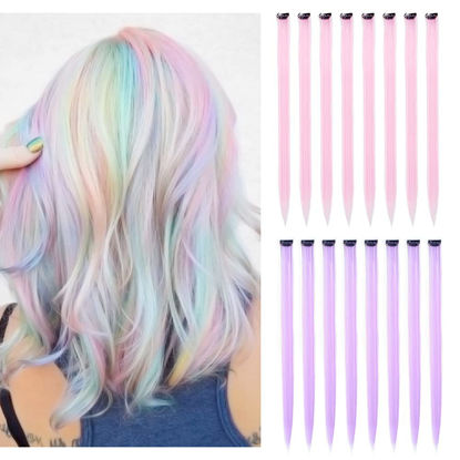 Picture of 16Pcs Kids Purple Color Clip in Hair Extensions 20inch Colored Party Clip on in Hairpieces Ombre Purple Synthetic Colorful Straight Multi-Colors Hair Streak for Girls(Light Pink+light Purple)