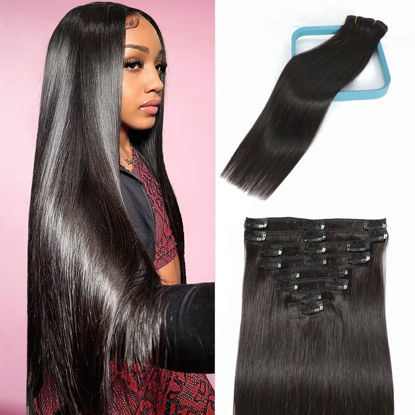 Picture of LORIEN Clip in Hair Extensions Real Human Hair, 16 Inch 90g, 1B Natural Black, Clip in 100% Brazilian Remy Human Hair Extensions 8pcs Per Set with 18 Clips Double Weft
