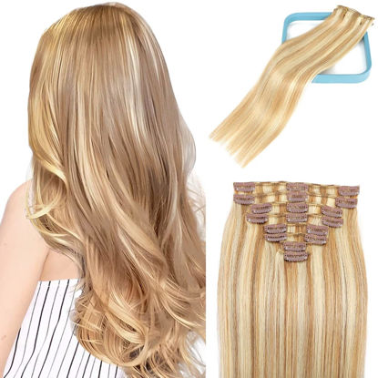 Picture of LORIEN Clip in Hair Extensions Real Human Hair, 18 Inch 100g,18/613 Dark Blonde Highlighted Bleach Blonde, Clip in 100% Brazilian Remy Human Hair Extensions 8pcs Per Set with 18 Clips Double Weft