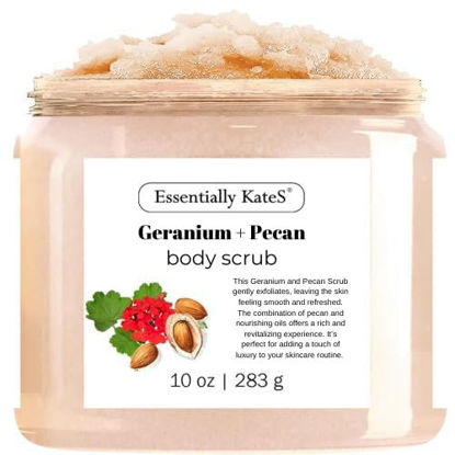 Picture of Geranium + Pecan Body & Foot Scrub 10 oz - a refreshing exfoliating experience, leaving your skin feeling smooth, soft, and revitalized - The best stocking stuffer.