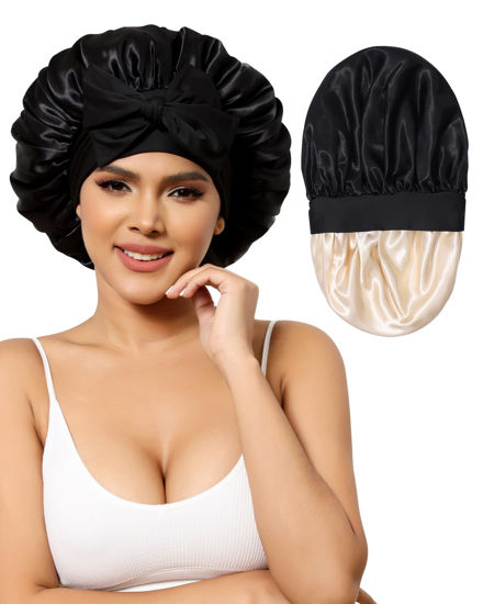 Picture of Satin Bonnet for Women Silk Bonnets for Sleeping Curly Hair Bonnet with Elastic Tie Band Reversible Double Layer Sleep Cap Hair Wrap (Black + Champagne)