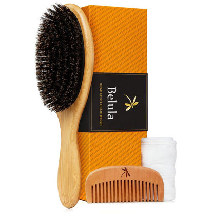Picture of 100% Boar Bristle Hair Brush for Women Set by Belula (L Size). Soft Natural Bristles for Thin and Fine Hair. Wooden Comb, Travel Bag and Spa Headband Included!