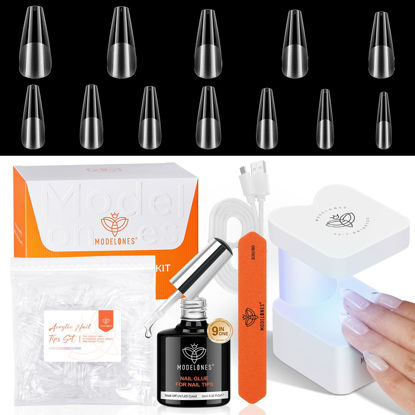 Picture of modelones Gel X Nail Kit, Long Coffin Gel x Nail Tips, 9-in-One Nail Glue & Portable U V Nail Lamp, 216Pcs 12Sizes Acrylic False Nails Tip Press On Nails Art DIY Nail Extension Gift for Women