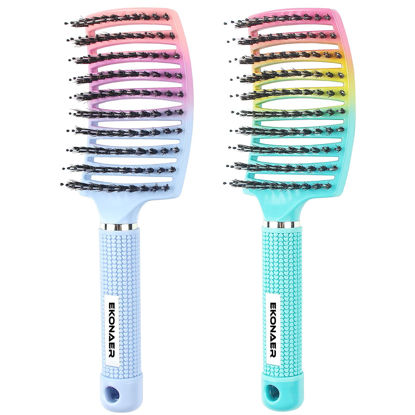 Picture of 2 Pack Detangling Brush Getting Knots Out without Pain Adds Shine and Makes Hair Smooth,Detangler Boar Bristle Hair Brush for Adult & Kids Wet or Dry Hair(Green&Blue)