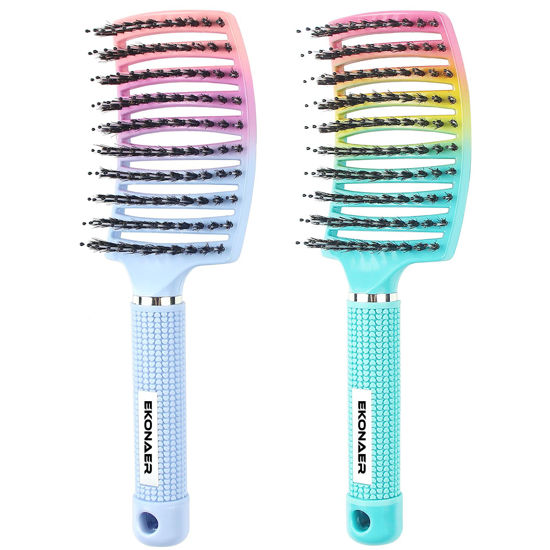 Picture of 2 Pack Detangling Brush Getting Knots Out without Pain Adds Shine and Makes Hair Smooth,Detangler Boar Bristle Hair Brush for Adult & Kids Wet or Dry Hair(Green&Blue)