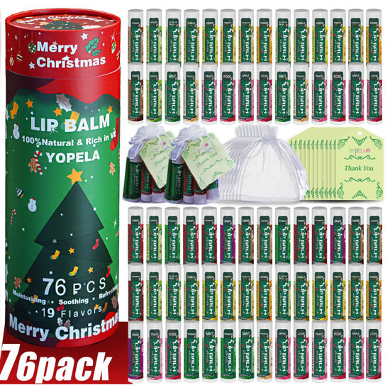 Picture of Yopela 76 Pack Christmas Natural Lip Balm Bulk with Vitamin E and Coconut Oil Lip Care Set - Moisturizing, Soothing, and Repairing Dry and Chapped Lips - 19 Flavors - Non-GMO